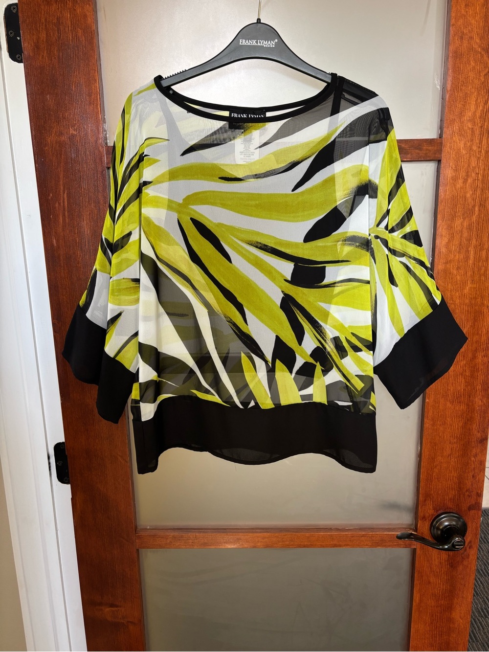 Frank Lyman Design Lime Leaf-Print Sheer Blouse with Black Trim